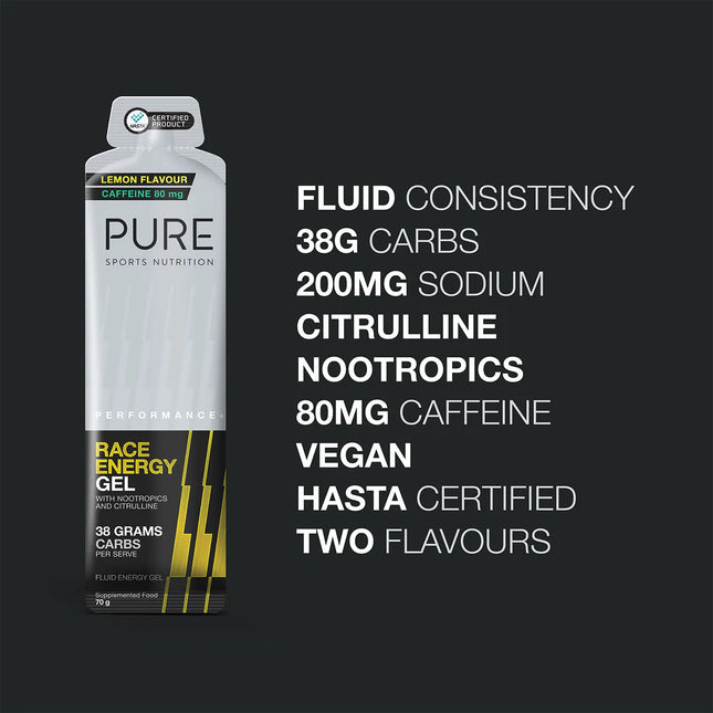 PURE Performance + Race Energy Gel 70g - Lemon + Caffeine