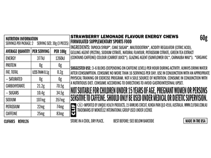 CLIF Bloks Energy Chews Sour Strawberry Lemonade 25mg Caffeine