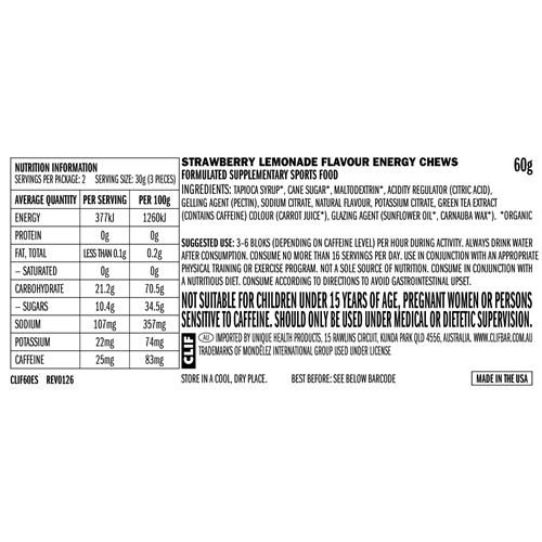 CLIF Bloks Energy Chews Sour Strawberry Lemonade 25mg Caffeine